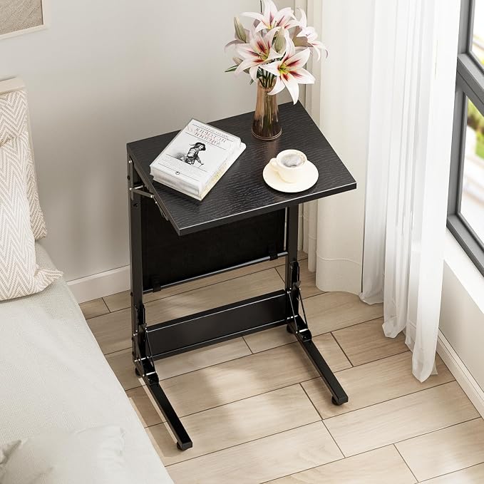 Folding TV Tray Table, 28.8" Tall C-Shaped Side Table for Couch and Bed, Slide Under Sofa Side Desk with Storage Bag - Sturdy Metal Frame Tray for Living Room, Bedroom, Home & Office (Black)