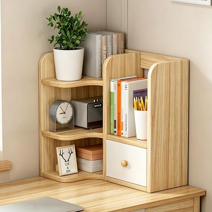 3-Tier Corner Desktop Organizer Shelf, Wooden Desktop Bookshelf with Drawers, Multifunctional Desk Hutch Dorm, Desk Display Rack, Cube Storage Organizer Bookcase(Wood B-r,19.6x11.8x19.6'')