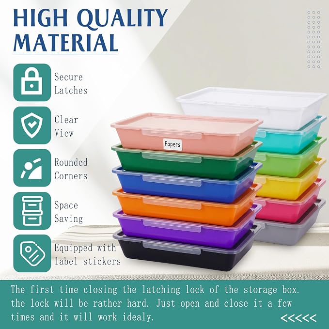 Tinlade 12 Pcs Classroom Paper Storage Bins with Clear Latching Lid, Label Stackable Letter Size Flat Tray Container for Teacher Back to School Supplies Home Office Desk Arts Crafts (Vibrant,13x10in)