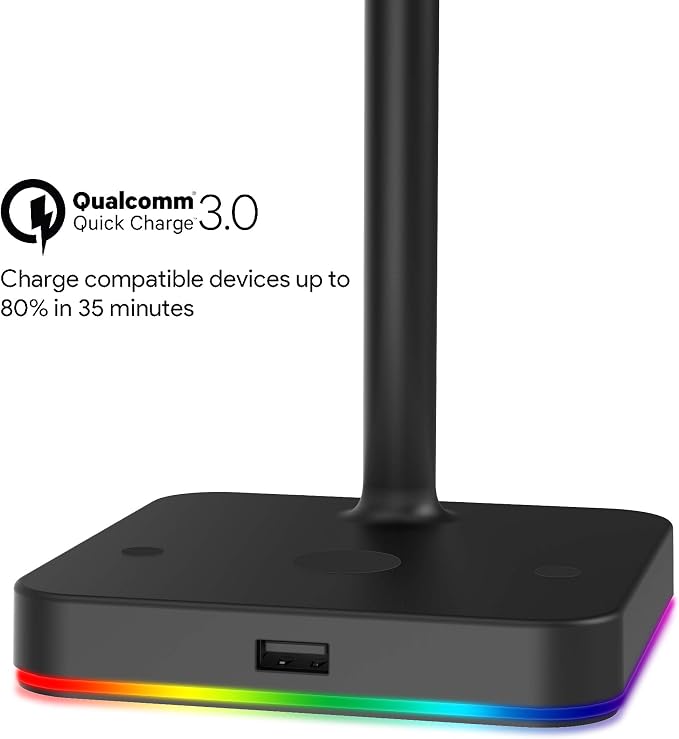 KAFRI RGB Dual Headphone Stand with Wireless Charger Desk Gaming Double Headset Holder Hanger Rack with 10W/7.5W QI Charging Pad and QC 3.0 USB Port - Suitable for Gamer Desktop Table Game Earphone