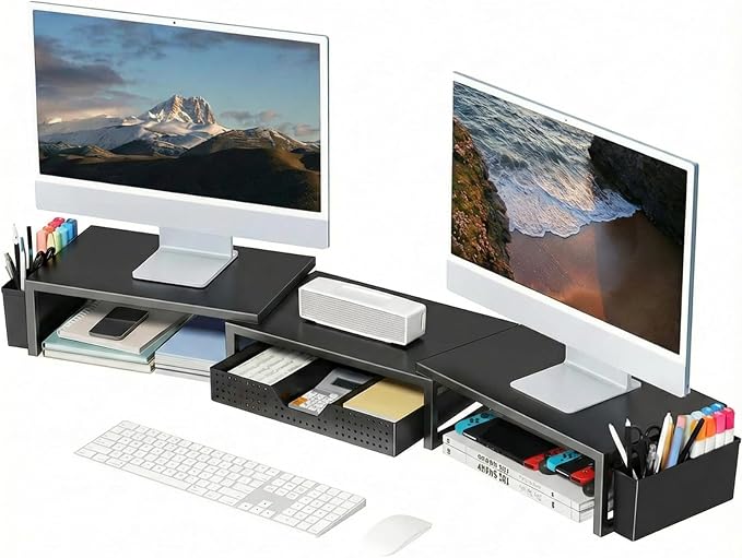 OPNICE Desk Organizers and Accessories, Dual Monitor Stand Riser with Drawer and 2 Pen Holders, Desk Shelf Metal Computer Racks for Office Workspace Organizers, Desktop Organization (Black Metal)