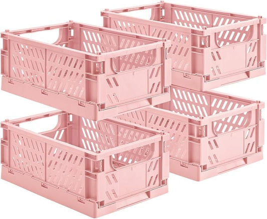 HUUSMOT 4-Pack Small Pastel Plastic Storage Baskets, Collapsible Crates for Organizing, Space-Saving Mini Bins for Classroom, Kitchen, Office, Bedroom (Pink, 9.8" x 6.5" x 3.8")