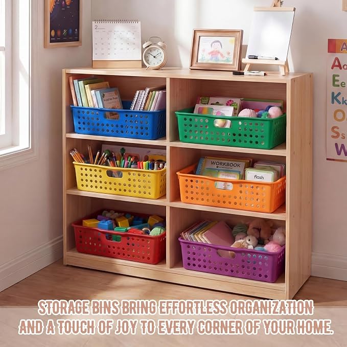 Geetery 6 Pack Classroom Storage Baskets with Handle 14''x10'' Paper Tray Holds A4 Turn in Trays Plastic Paper Baskets Desk Organizer Bin for Classroom, Library, Office, Home (Rainbow Color)
