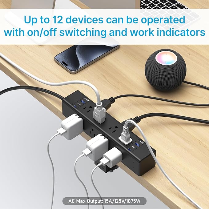 CCCEI 20W Per Side USB-C Desktop Outlet Station, Clamp Power Strip Surge Protector 4800J, Home Office Standing Desk Organizers and Accessories, 6FT 14AWG 15A Extension Cord, Switch, ETL Listing.