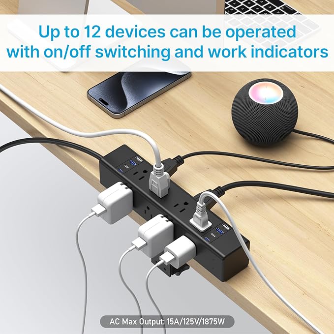 CCCEI 45W Per Side USB-C Desktop Outlet Station, Clamp Power Strip Surge Protector 4800J, Home Office Standing Desk Organizers and Accessories, 10FT 14AWG 15A Extension Cord, Switch, ETL Listing.