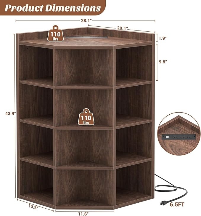 Aheaplus 5-Tier Corner Cube Bookshelf with Power Outlets, Wooden Corner Storage Cabinet with 12 Cubes, Corner Cube Organizer Shelf with Top Table, L Shaped Cubby Bookcase for Home Office, Black Walnut