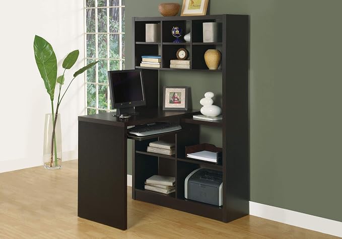 Monarch Specialties I Storage-Bookcase Left Or Right Set Up-Corner Desk with Multiple Adjustable Shelves, 60"L, Cappuccino