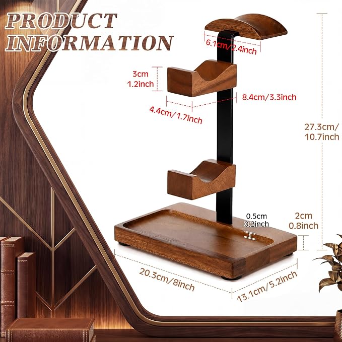 Headphone Stand with Controller Holder, Gaming Headset Stand for Desk, Walnut Headphone Holder Desk Organizer Gaming Accessories Gift for Gamers (Light Walnut)