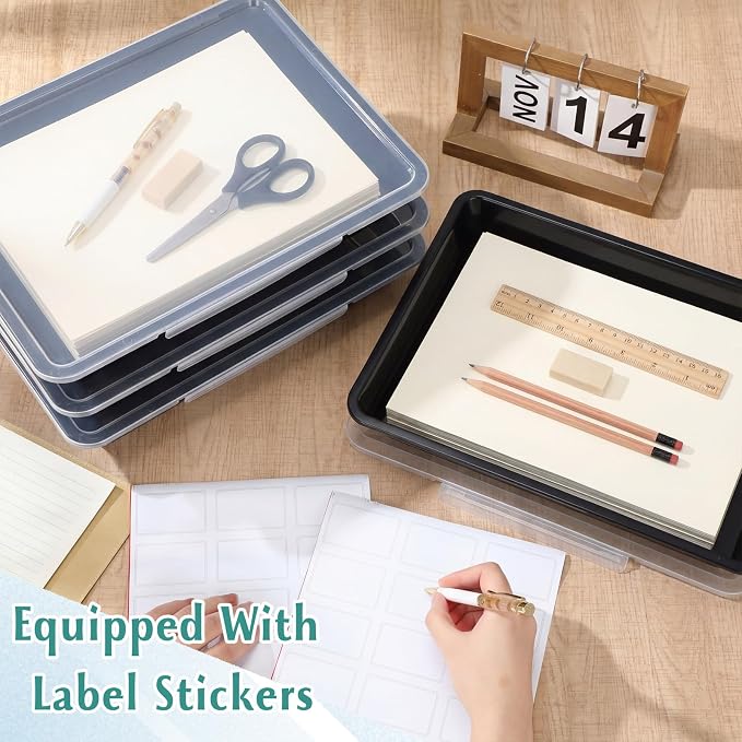 Tinlade 12 Pcs Classroom Paper Storage Bins with Clear Latching Lid, Label Stackable Letter Size Flat Tray Container for Teacher Back to School Supplies Home Office Desk Arts Crafts (Black,13x10in)