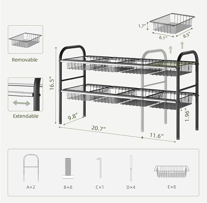 NETEL Under Sink Organizers and Storage, 2 Tier Expandable Under Cabinet Organizer Shelf with 8 Baskets, Expandable Shelf for Cupboard, Kitchen, Bathroom, Shoe Storage Rack