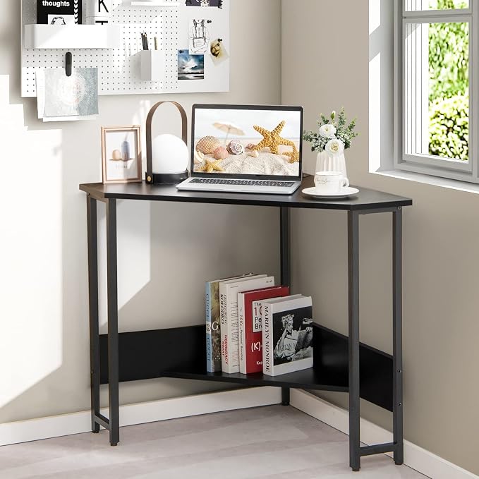 HOMGX Triangle Corner Computer Desk with USB Ports & Power Outlet, Modern Vanity Desk with Storage Shelf, Space Saving for Small Home Office, Black