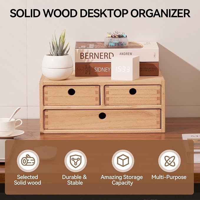 KIRIGEN Solid Wood Desktop Organizer with 3 Drawers - Multi-Layer Office Supplies Storage Rack for Documents, Stationery, Jewelry - Natural Wooden Desk Shelf Organizer Nature WJG23-NA