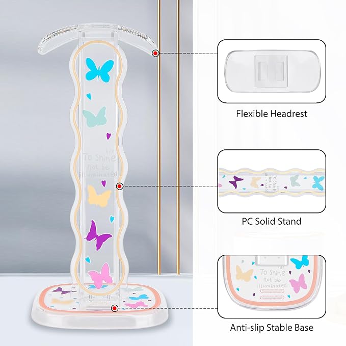 CamyCosy Headphone Stand Gaming Headset Holder for Desk,Clear Colorful Butterflies Pattern Cellphone & Earphone Stand Desk Accessories for All Headphones Size
