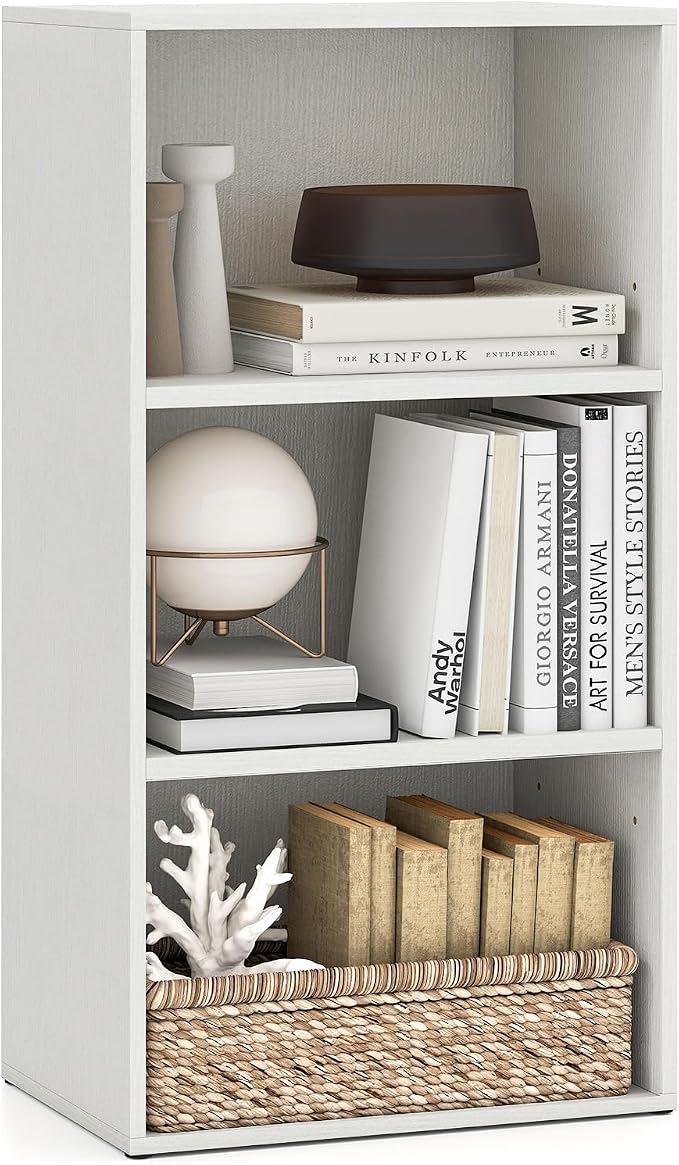 3 Shelf Bookshelf, 31.5” Small Bookcase with 2 Adjustable Shelves, Wooden Bookshelves and Bookcases, Modern Display Shelf, 3 Cube Storage Organizer for Home Office Bedroom (White)