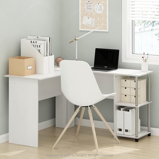 Furinno Abbott L-Shape Computer Desk with Stainless Steel Tubes Bookshelf, White Oak/Chrome