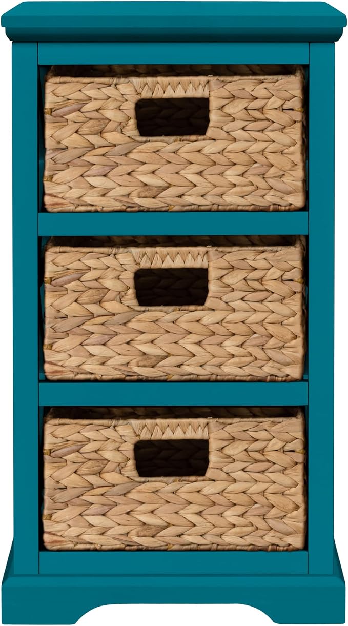 eHemco Hampton Meadows 3 Tier X-Side End Storage Cabinet with 3 Wicker Baskets, Teal
