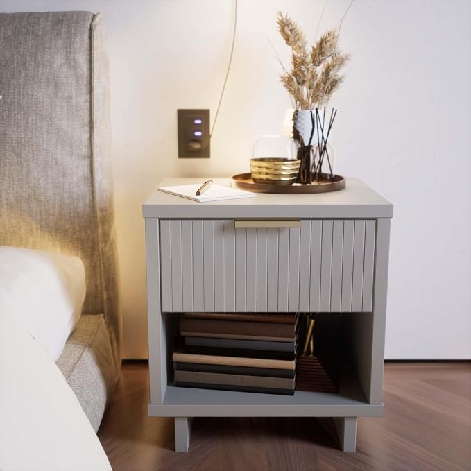 Manhattan Comfort Granville Modern Nightstand 1.0 with 1 Full Extension Drawer, Sled Legs, and Gold Accent Metal Handle, Bedside End Table for Bedroom or Living Room in Light Grey
