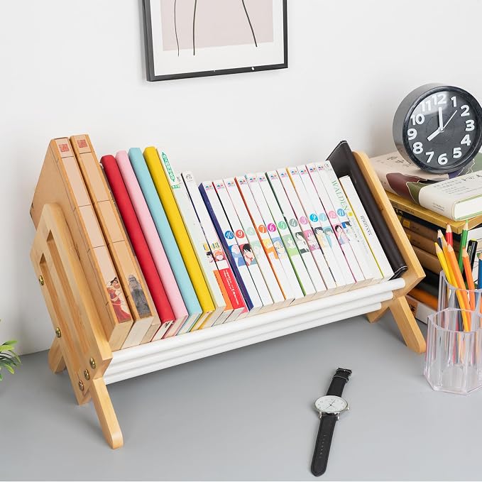 Desktop Bookshelf, Wood Tilting Bookcase with Iron Rack, Book Organizer for CDs/Magazine/Books Display, Storage Rack in Living Room/Studyroom/Home/Office, Yellow & White, 16"