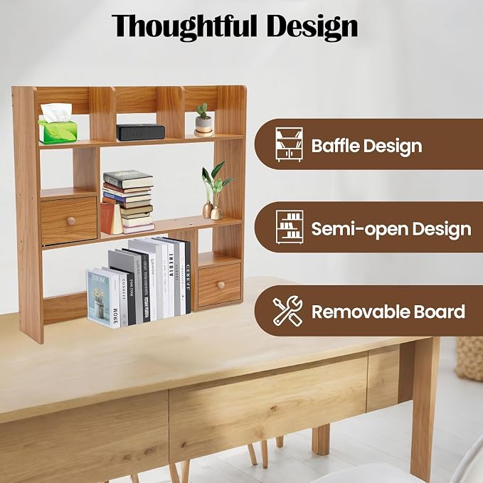 Desktop Hutch Bookshelf, 31.5 Inch Desktop Organizer Shelf with 2 Drawers & 7 Shelves, Desk Display Rack Desk Shelf for Home Office Dorm (Pine Color)