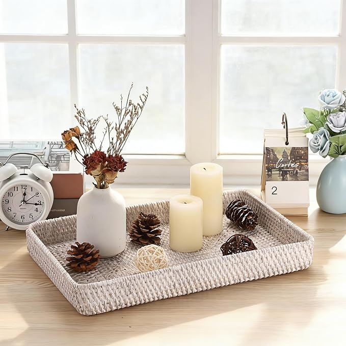 Hipiwe Rattan Serving Tray Whitewash Decorative Woven Trays for Organizing Bread Fruit Basket Rectangular Desktop Organizer for Kitchen Bathroom, 14.8" x 9" x 1.8"