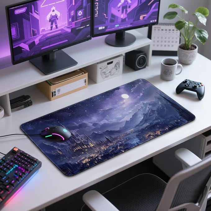 Fantasy Castle Night Scene Large Gaming Mouse Pad 31.5"x15.7"｜XXL Desk Mat, Non-Slip Rubber Base & Stitched Edges - Extended Waterproof Mousepad for PC/Laptop/Office/Home Decor