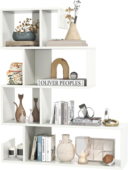 5 Tier Geometric Bookshelf, S-Shaped Z Shelf Bookshelves and Bookcases, Modern Decorative Storage Shelving, Wooden Display Bookcase for Living Room Home Office (White)