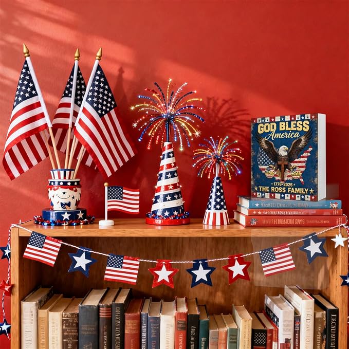 Patriotic Wooden Box Sign,God Bless America Eagle 4th Of July Signs Home Decor,Independence Memorial Day Block Sign for Desk Shelf Tabletop Decor