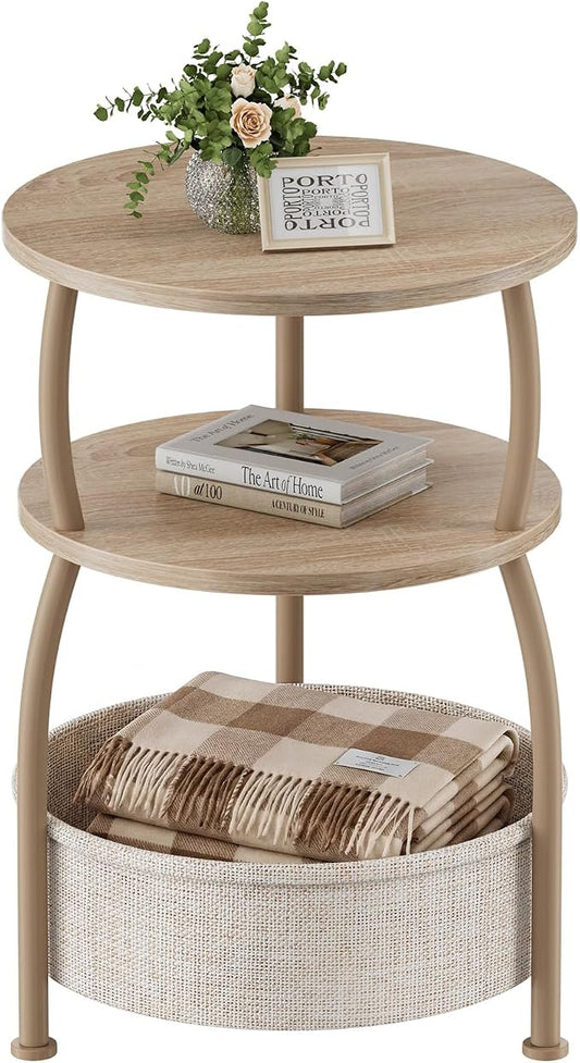 Round Side Table with Storage Basket –Small Space-Saving End Table 3-Tier Bedside Corner Table for Living Room, Bedroom, Garden and More 15.75in (Light Oak, 15.75" Dia)