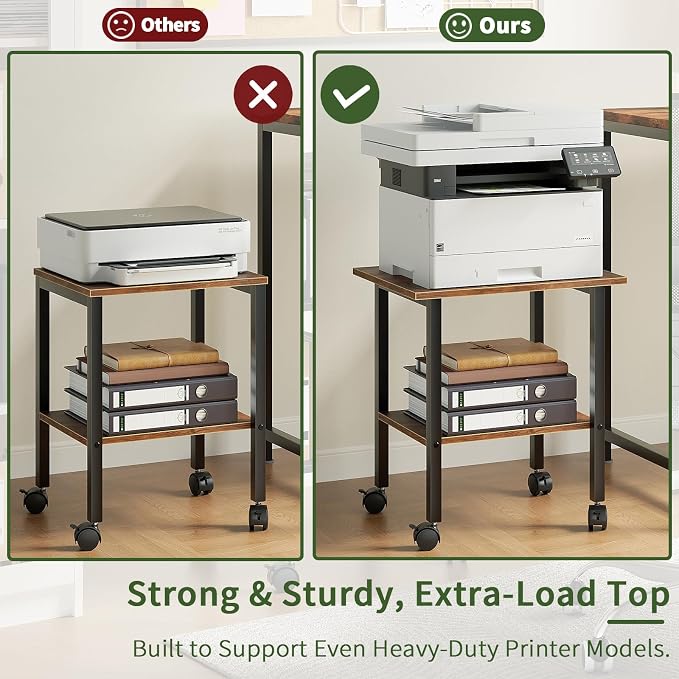 2 Tier Printer Stand with Storage, Under Desk Printer Table, Space-Saving Printer Table with Locking Wheels, Rolling Printer Cart for Home Office, Rustic Brown