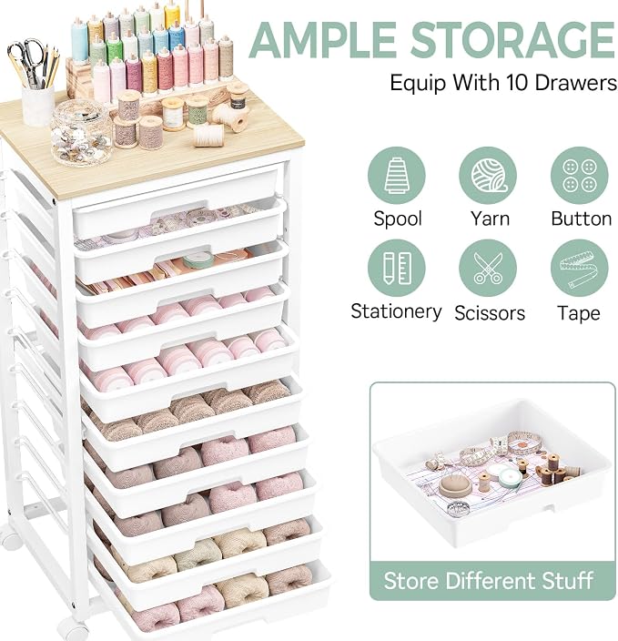 SYKIARIOL Rolling Cart with Drawers,10 Drawer Rolling Cart,Rolling storage cart with drawers,White Rolling Drawer Cart,Teacher Rolling Cart for Classroom Storage,Craft Cart with Wooden Tabletop