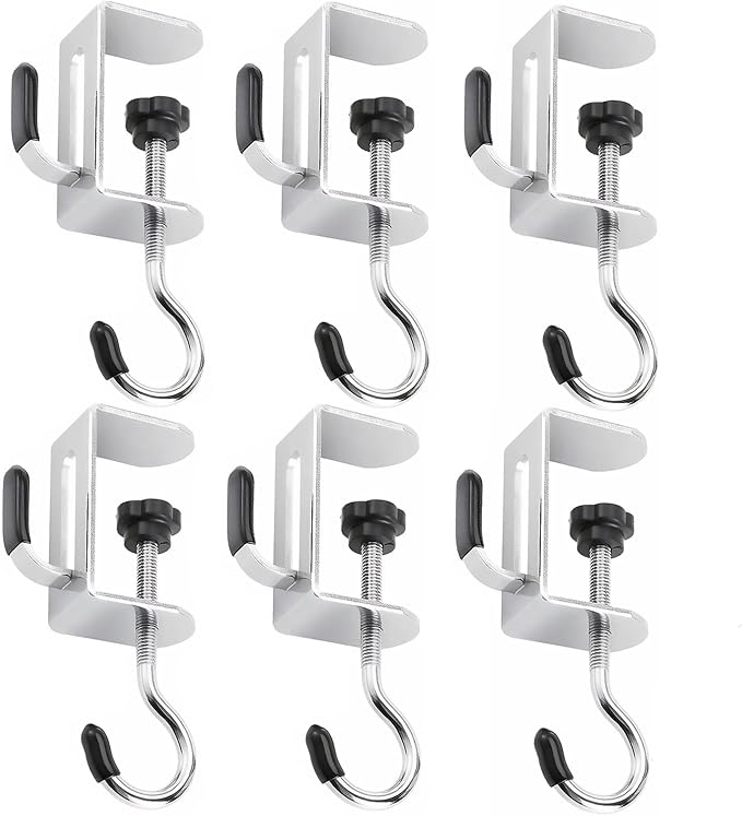 Purse Hook for Table, 6 Pcs Adjustable Stainless Steel Clamp-On Desks Hanger for Office, Home, Dorm, Dining Table, Portable Desk Organizer for Hanging Bags, Backpack, Headphone Storage