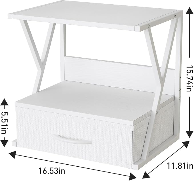 aboxoo Printer Stand for Desk with Storage Drawer, 2 Tier Desktop Or UnderDesk Shelf, Multi-Purpose Desk Organizer for Home Office, fit Fax Machine/3D Printer/Scanner, White