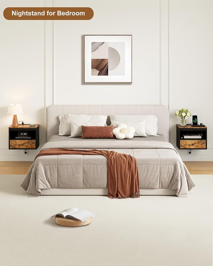 Floating Nightstand with Charging Station,Modern Bedside Table with Drawers and Extension Panel, Small Wall Mounted Nightstands for Bedroom Room，Floating Sofa Side Table（ Rustic Brown