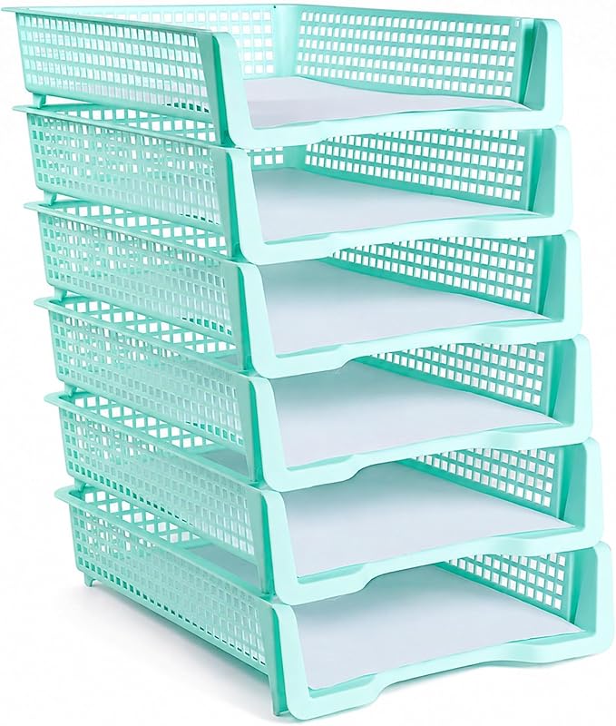 Set of 6 Green Turn in Trays for Teachers Stackable Classroom Paper Letter Trays Plastic Classroom Desk Letter Organizer Tray Storage Baskets for Library, Drawers, Office, Home
