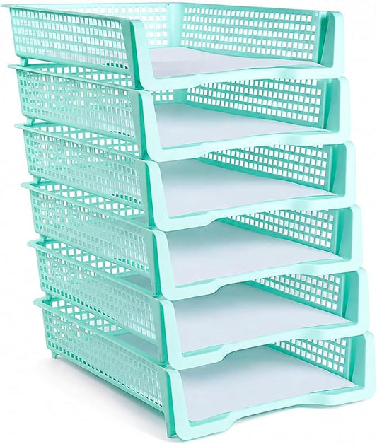 Set of 6 Green Turn in Trays for Teachers Stackable Classroom Paper Letter Trays Plastic Classroom Desk Letter Organizer Tray Storage Baskets for Library, Drawers, Office, Home
