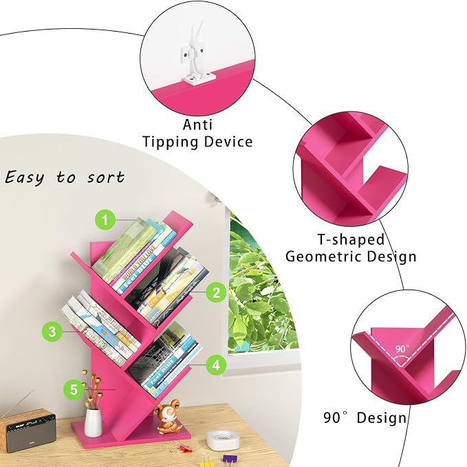 SHEEPAM 5 Tier Tree Book Shelf, Small Desktop Bookshelf with Storage Organizer, Wood Bookcase, Desk Display Bookshelves, Floor Standing Organizer Bookcases for Living Room,Bedroom,Office-Pink