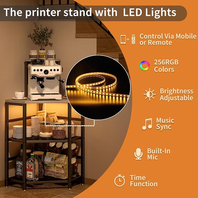 METYERRY 4-Tier Corner Printer Stand, Printer Table with Built-in Power Outlet and LED Lights, Multipurpose Corner Table with Grid Storage Shelf for Home and Office, Greige