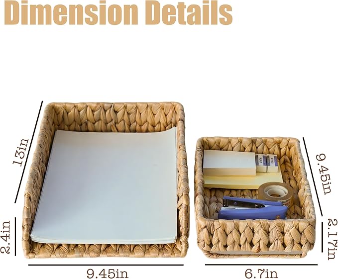 PINXIURY Woven Water Hyacinth Paper Organizer for Desk – Set of 2 Letter Trays – Tabletop Folder & Document Storage Trays – Desktop File Organizer for Home & Office