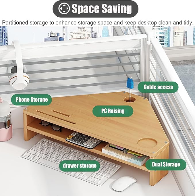Corner Monitor Stand - 2-Tier Riser with Storage, Laptop Desk Organizer for Office and Study, Space-Saving Desktop Triangle Shelf
