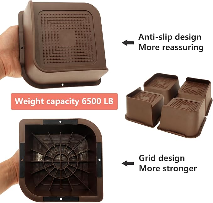 4 Pack Dark Brown Bed Risers 3 inch Heavy Duty, Oversized Furniture Risers, Bed Lifts Risers for Table, Sofa, Chair, Couch, Desk, Bed Frame Risers Supports Up to 6,500 Lbs