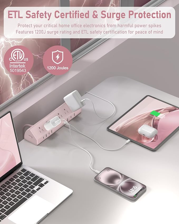 Jgstkcity Desk Clamp Power Strip,45W Fast Charging Station,4 USB-C,4 USB-A,1200J Surge Protector,ETL Listed,1875W Extension Cord,Multiple Outlets for Home, Office (Pink, 10 FT Cable)