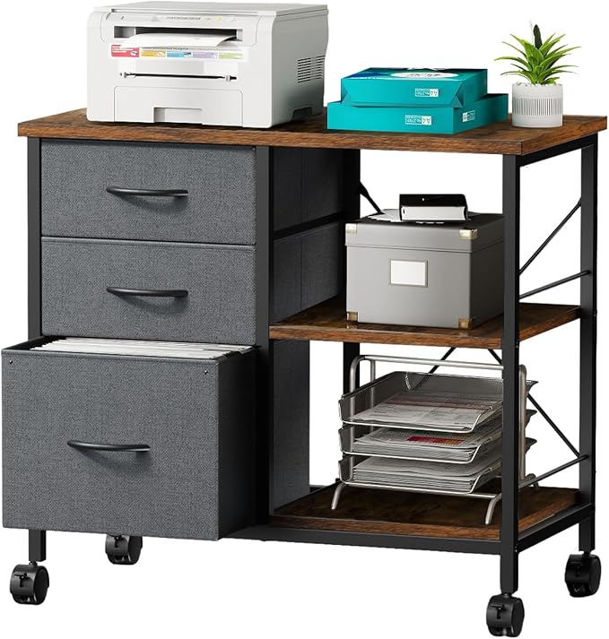 OLIXIS 3-Tier Printer Stand with Fabric Storage Drawer, Rolling Printer Cart with Lockable Wheels and Metal Frame, Under Desk Table with Open Storage Shelf for Small Spaces, Home, Office, Gray