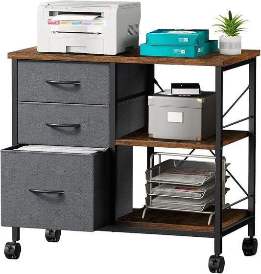 OLIXIS 3-Tier Printer Stand with Fabric Storage Drawer, Rolling Printer Cart with Lockable Wheels and Metal Frame, Under Desk Table with Open Storage Shelf for Small Spaces, Home, Office, Gray