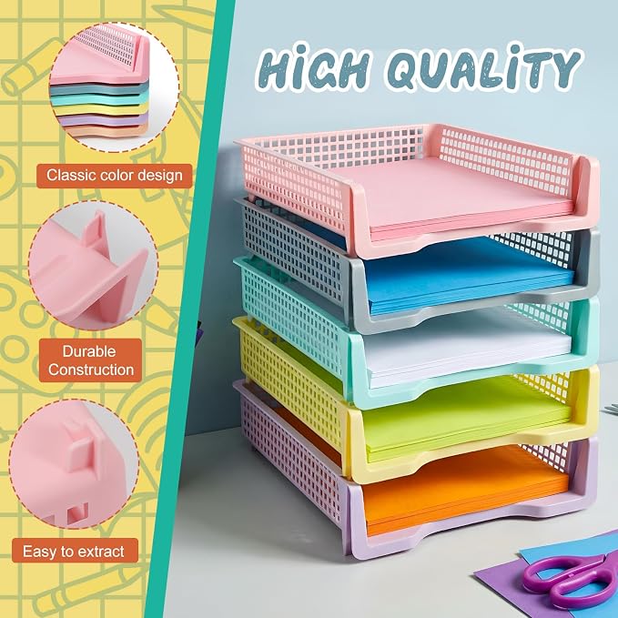 Tenceur 12 Pcs Turn in Trays Classroom, Stackable Tray for Classroom Plastic Storage Baskets Teacher Organizers for Library Drawers Office Desk, 13.3 x 9.5 x 2.7 Inches (Pastel Colors)