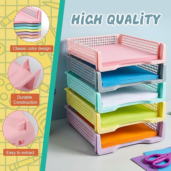 Tenceur 6 Pcs Turn in Trays Classroom, Pastel Paper Tray for Classroom Organization and Storage Stackable Plastic Book Baskets Teacher Organizers for Library Drawers Office Desk