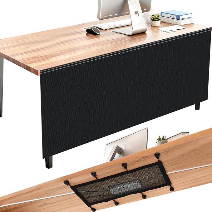 Tegeme 80'' Under Desk Privacy Panel with Cable Management Net Desk Skirt Self Adhesive Modesty Panel with Cord Organizer Pockets for Office Home Standing Workstation (Black)