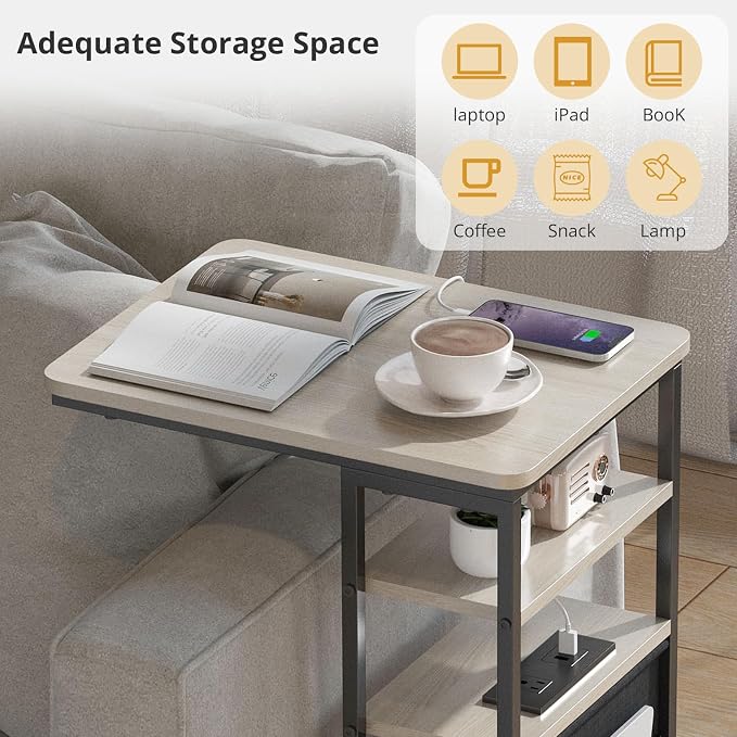 C Shaped End Table with Charging Station, 28"(H) 3-Tier C Table with Storage Bag, Under Couch Table C-Shaped End Table with Storage Shelves and Bag for Living Room, Bedroom, or Office