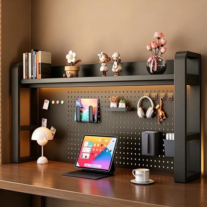 Desk Shelf Organizer with Pegboard & Storage Parts, 45kg Heavy Duty Desk Hutch, Desktop Storage Rack for Office & Home Office Shelves Black Shelf/Blackboard (2-Tier) 53.2×10×26"
