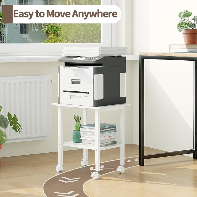 2 Tier Printer Stand with Storage, Under Desk Printer Table, Space-Saving Printer Table with Locking Wheels, Rolling Printer Cart for Home Office, White