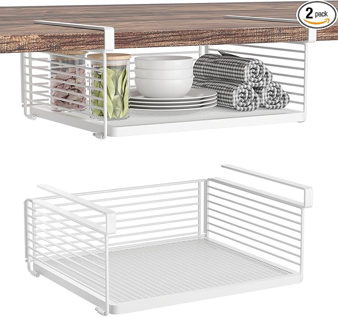 Under Shelf Storage Basket, Hanging Wire Basket with 1.13 Inches Thick Clips for Kitchen, Pantry or Laundry Room, Under Cabinet or Desk Storage Organizer, White, 15.75" L-Mesh Bottom, 2 Pack